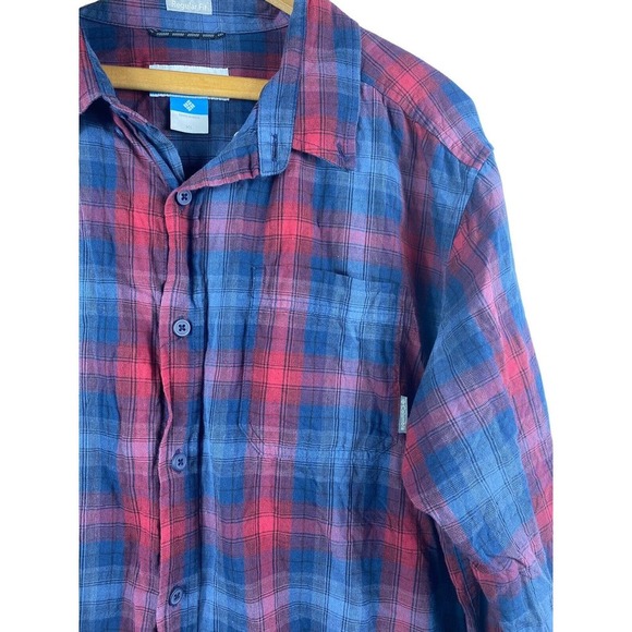 Columbia XL Button Down Shirt Mens Red Blue Plaid Long Sleeve Regular Fit Cotton - Picture 1 of 7